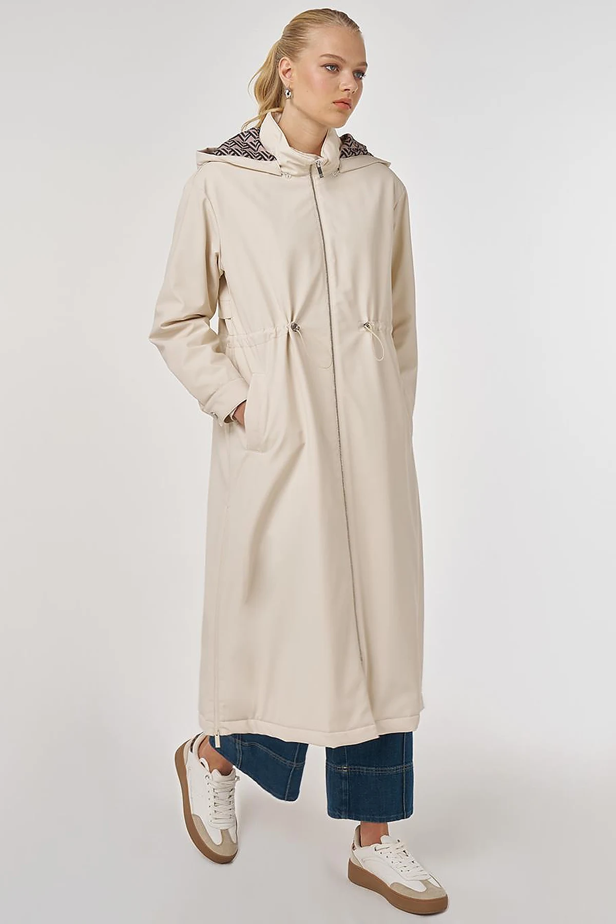 Faux Leather Anorak Coat with Zipper Detail in Cream