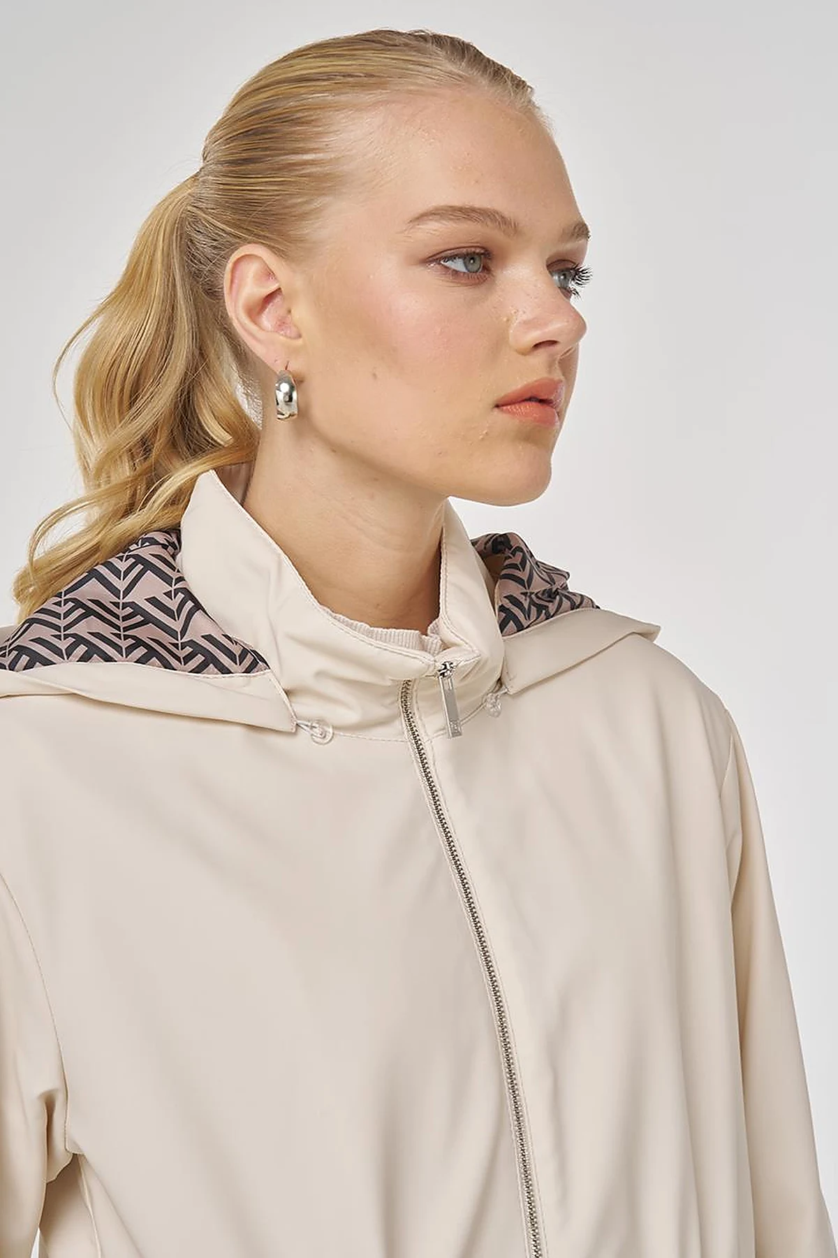 Faux Leather Anorak Coat with Zipper Detail in Cream