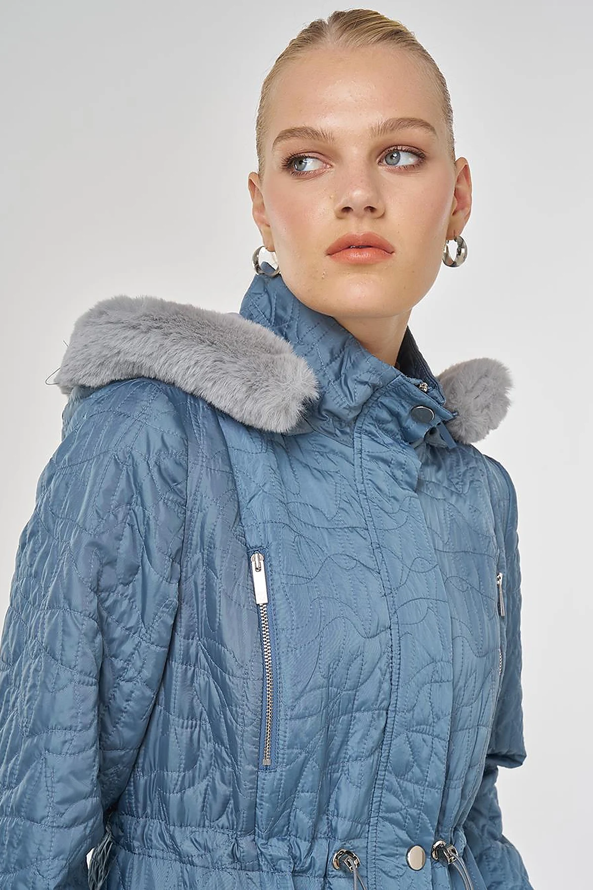 Fur-Detailed Quilted Coat in Dirty Blue