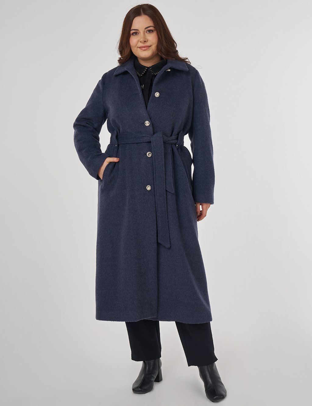 Belted Felt Coat in Navy Blue