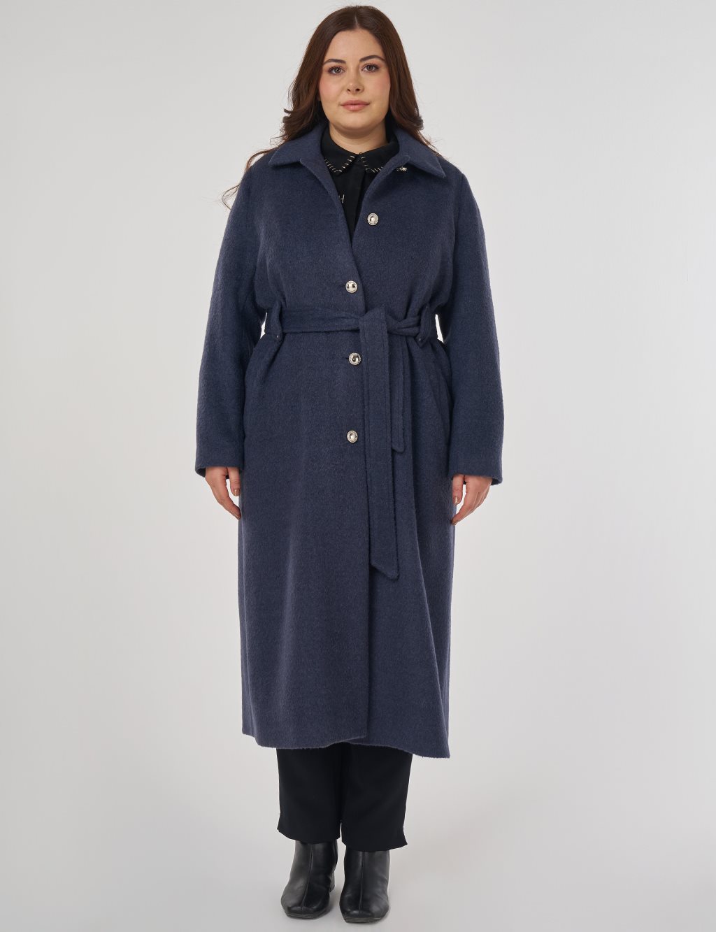 Belted Felt Coat in Navy Blue