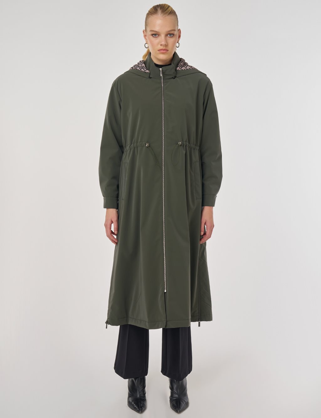 Faux Leather Anorak Coat with Zipper Detail in Dark Khaki