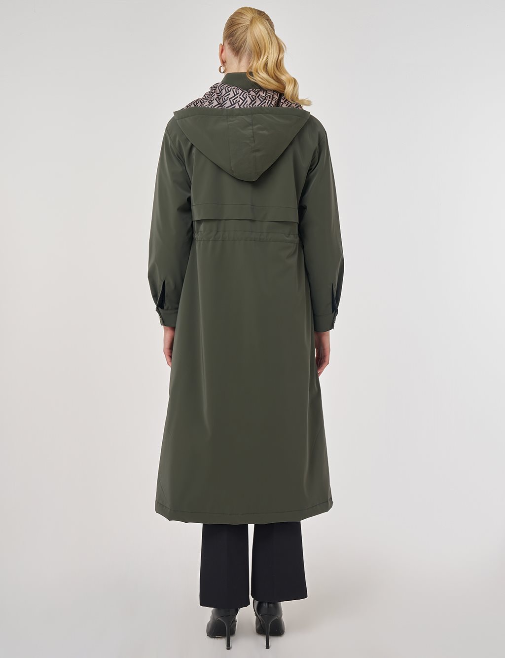 Faux Leather Anorak Coat with Zipper Detail in Dark Khaki