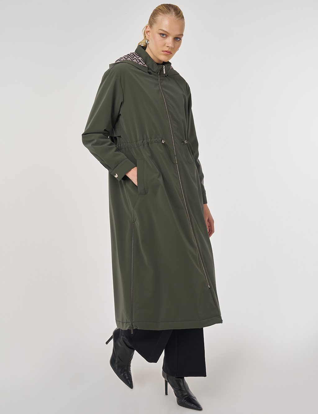 Faux Leather Anorak Coat with Zipper Detail in Dark Khaki