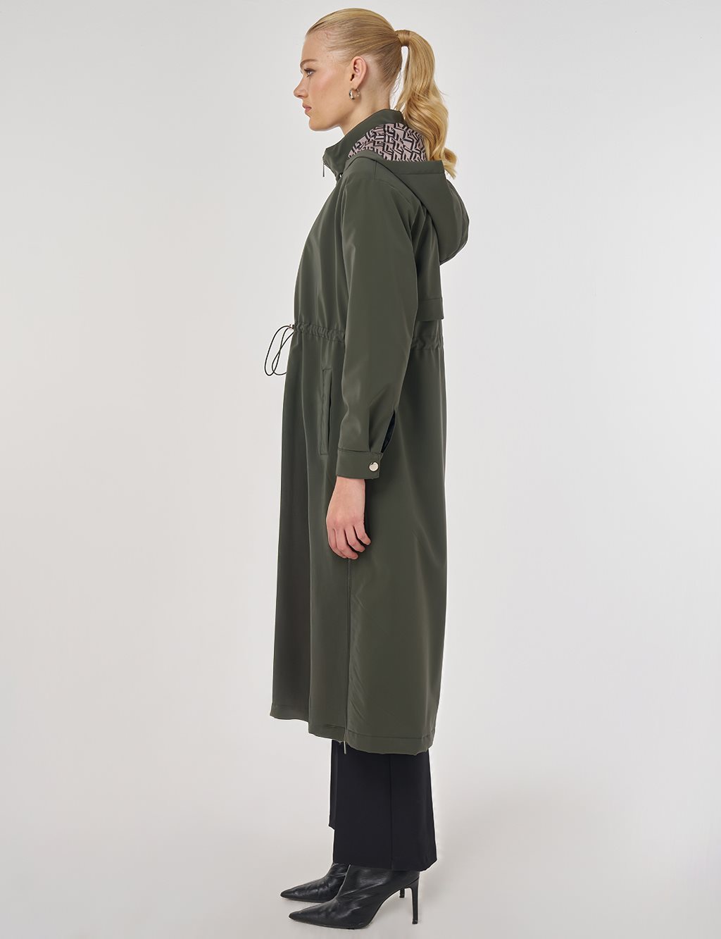 Faux Leather Anorak Coat with Zipper Detail in Dark Khaki