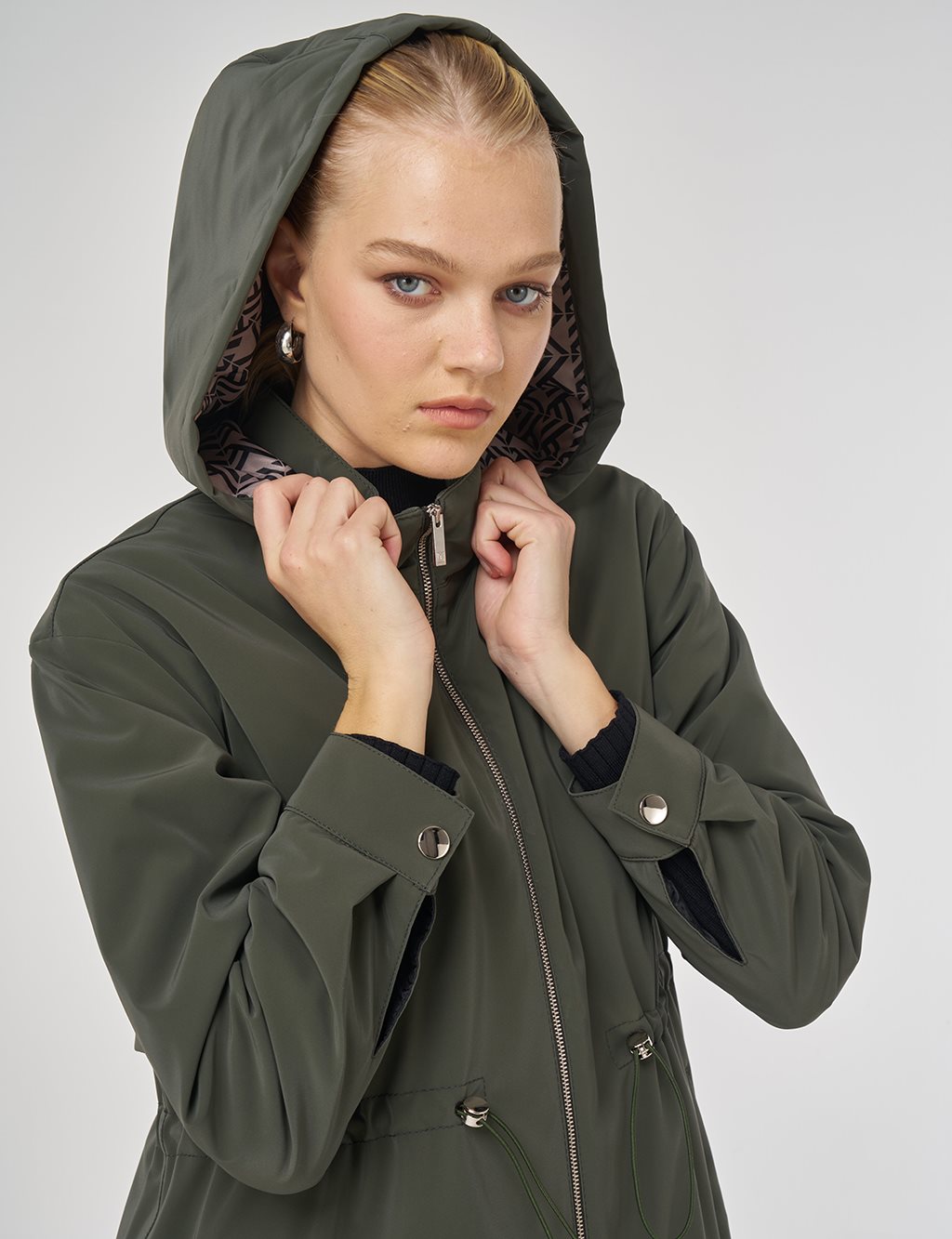 Faux Leather Anorak Coat with Zipper Detail in Dark Khaki