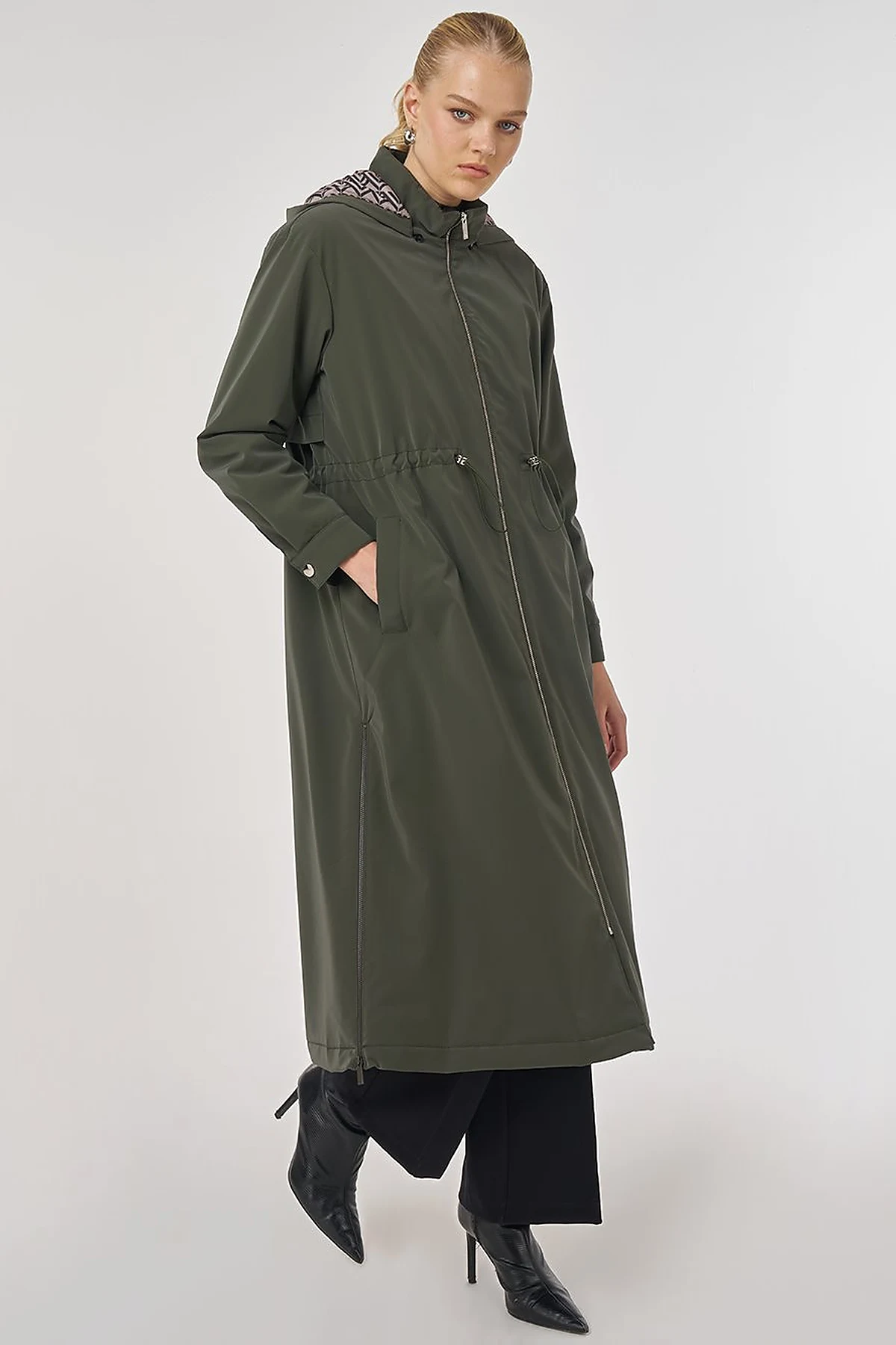 Faux Leather Anorak Coat with Zipper Detail in Dark Khaki