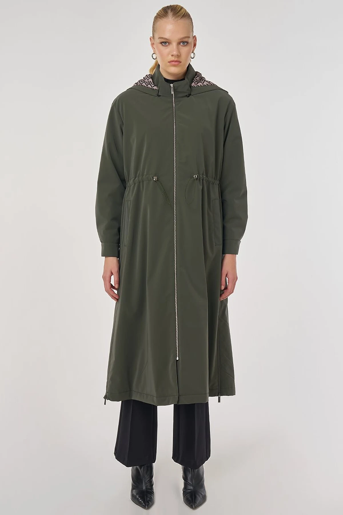 Faux Leather Anorak Coat with Zipper Detail in Dark Khaki