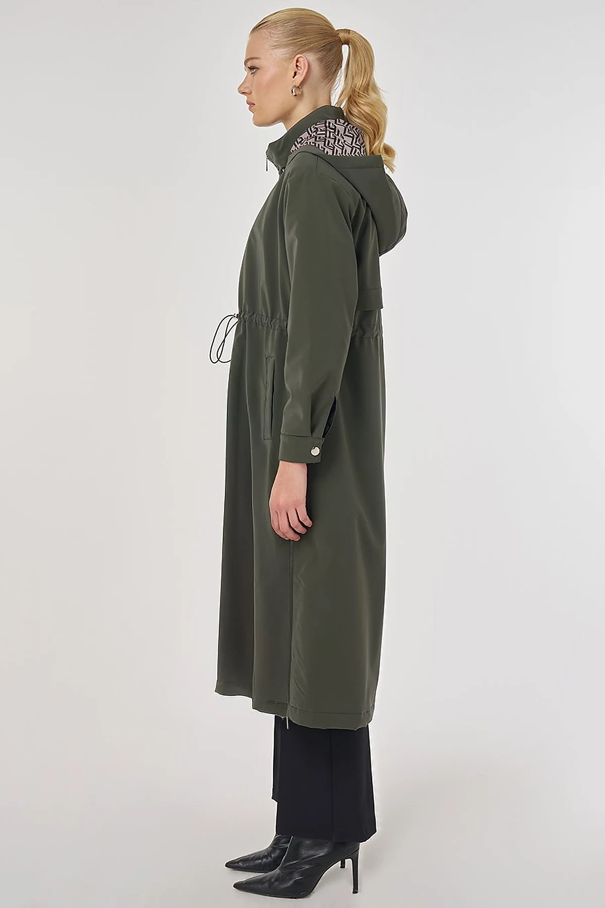 Faux Leather Anorak Coat with Zipper Detail in Dark Khaki