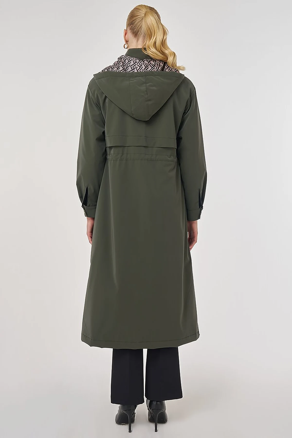 Faux Leather Anorak Coat with Zipper Detail in Dark Khaki