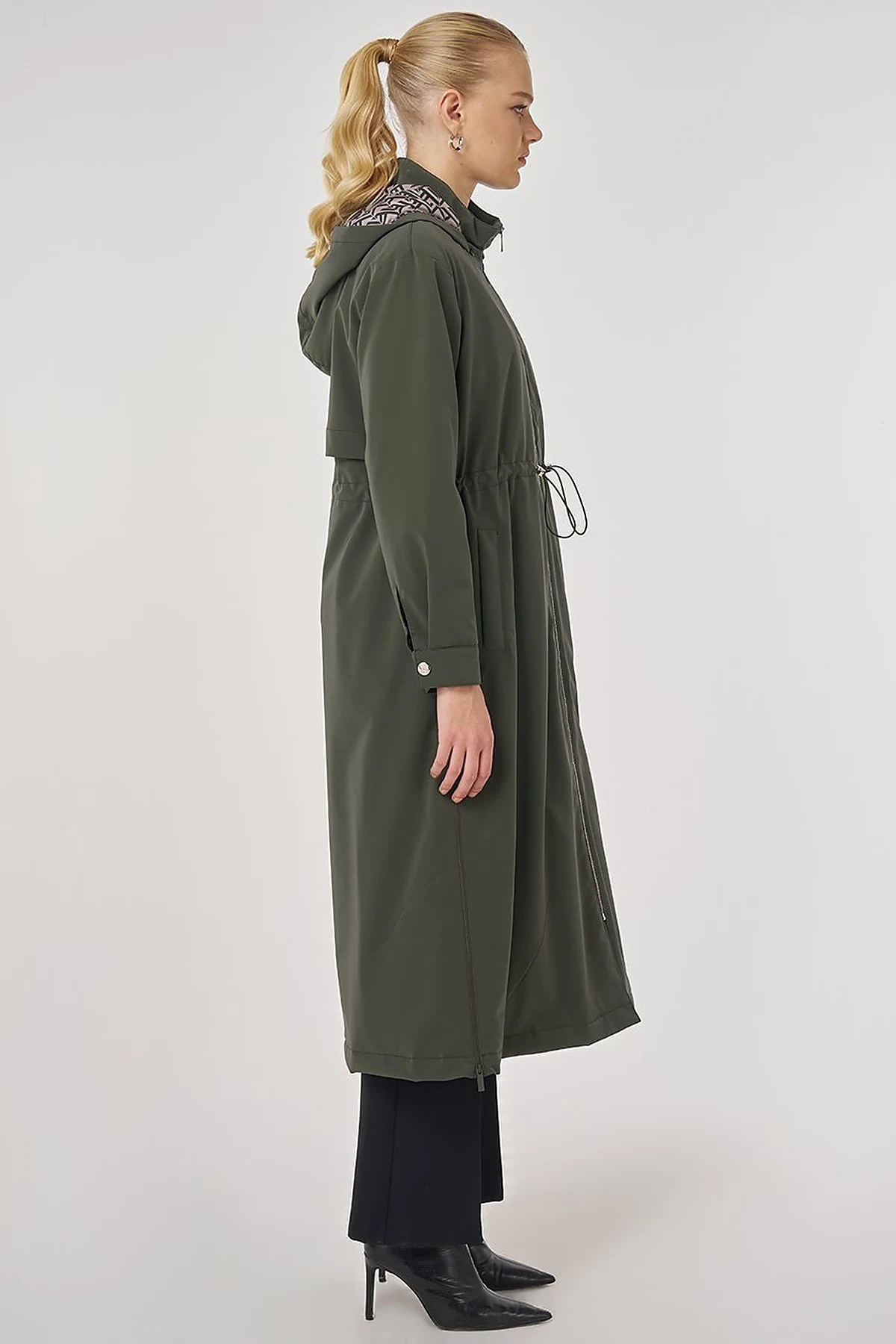 Faux Leather Anorak Coat with Zipper Detail in Dark Khaki