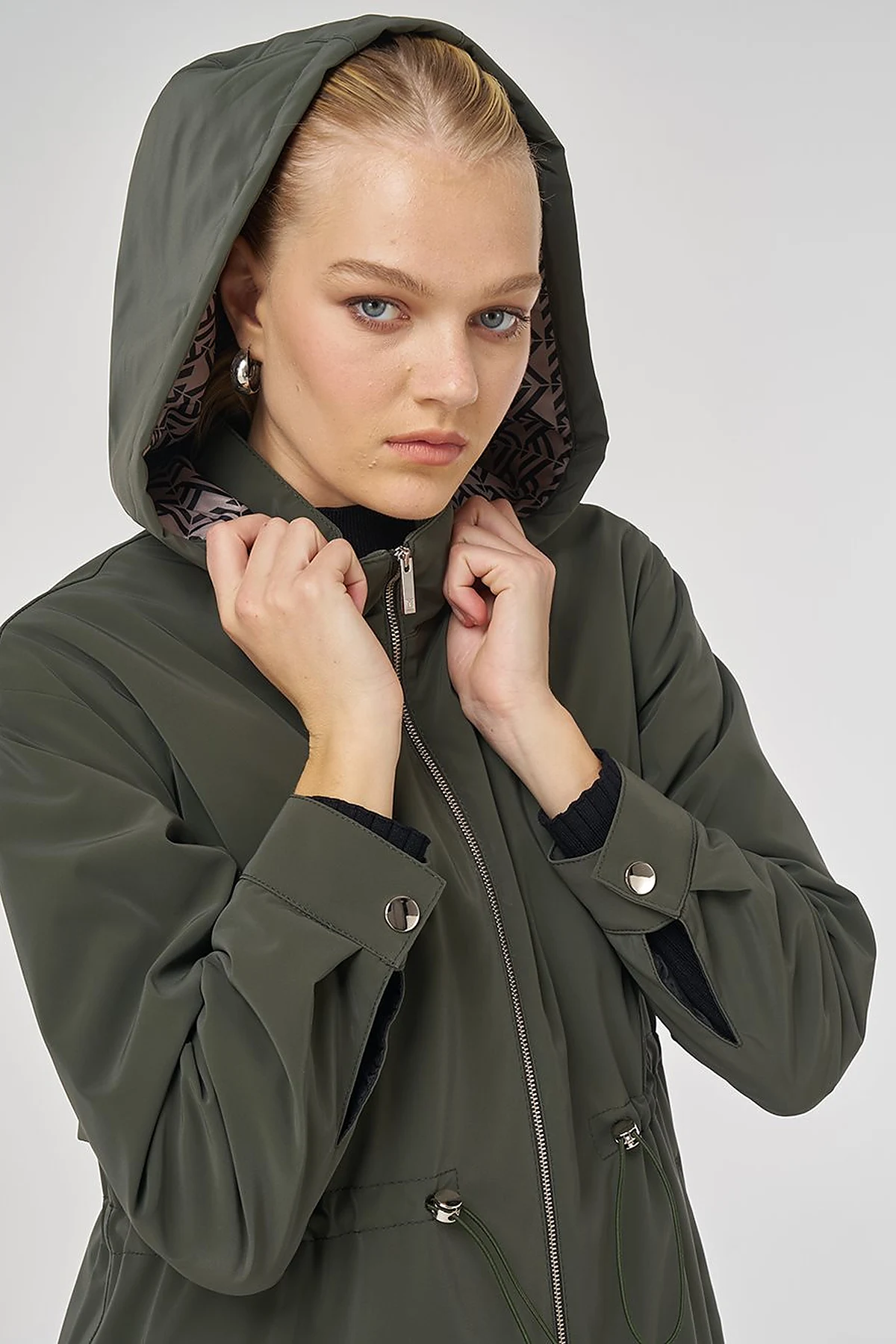 Faux Leather Anorak Coat with Zipper Detail in Dark Khaki