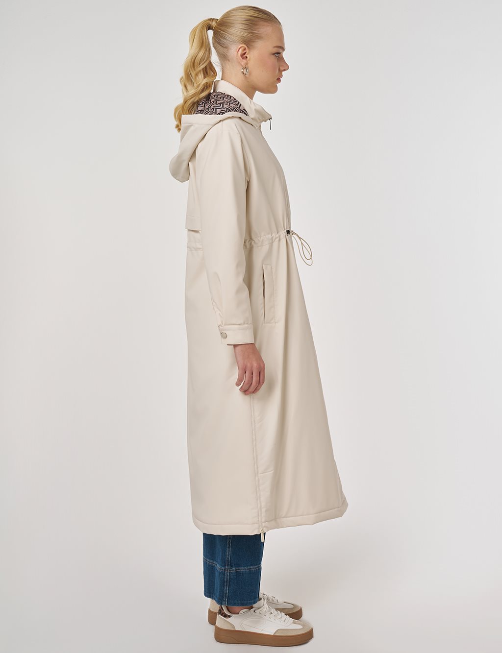 Faux Leather Anorak Coat with Zipper Detail in Cream