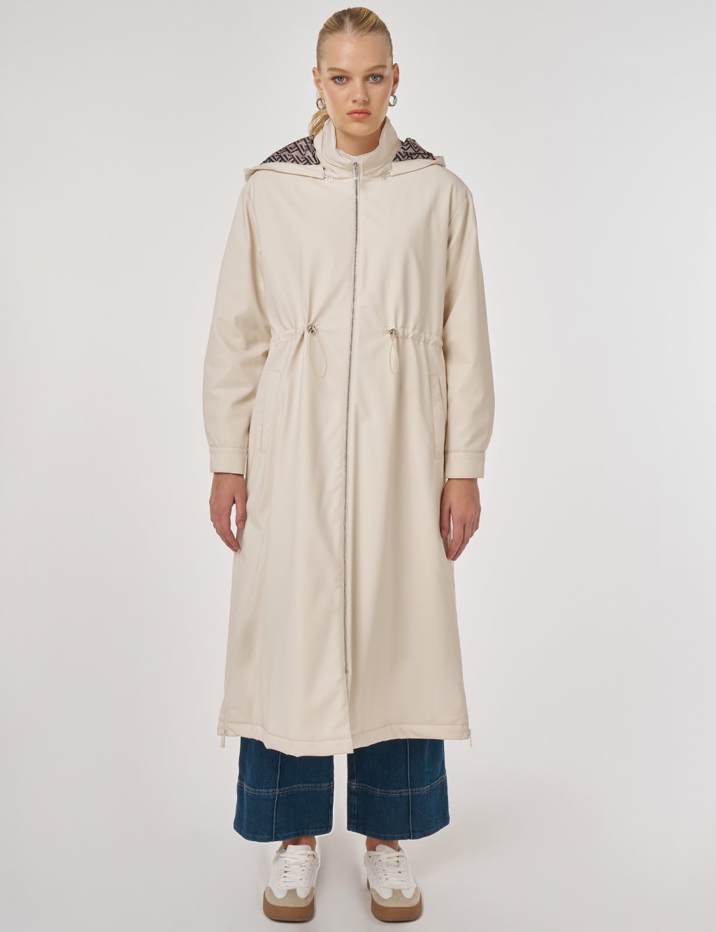Faux Leather Anorak Coat with Zipper Detail in Cream