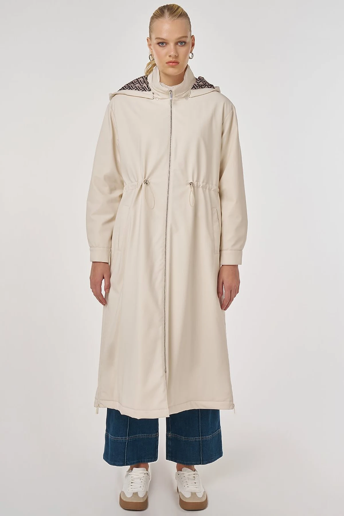 Faux Leather Anorak Coat with Zipper Detail in Cream