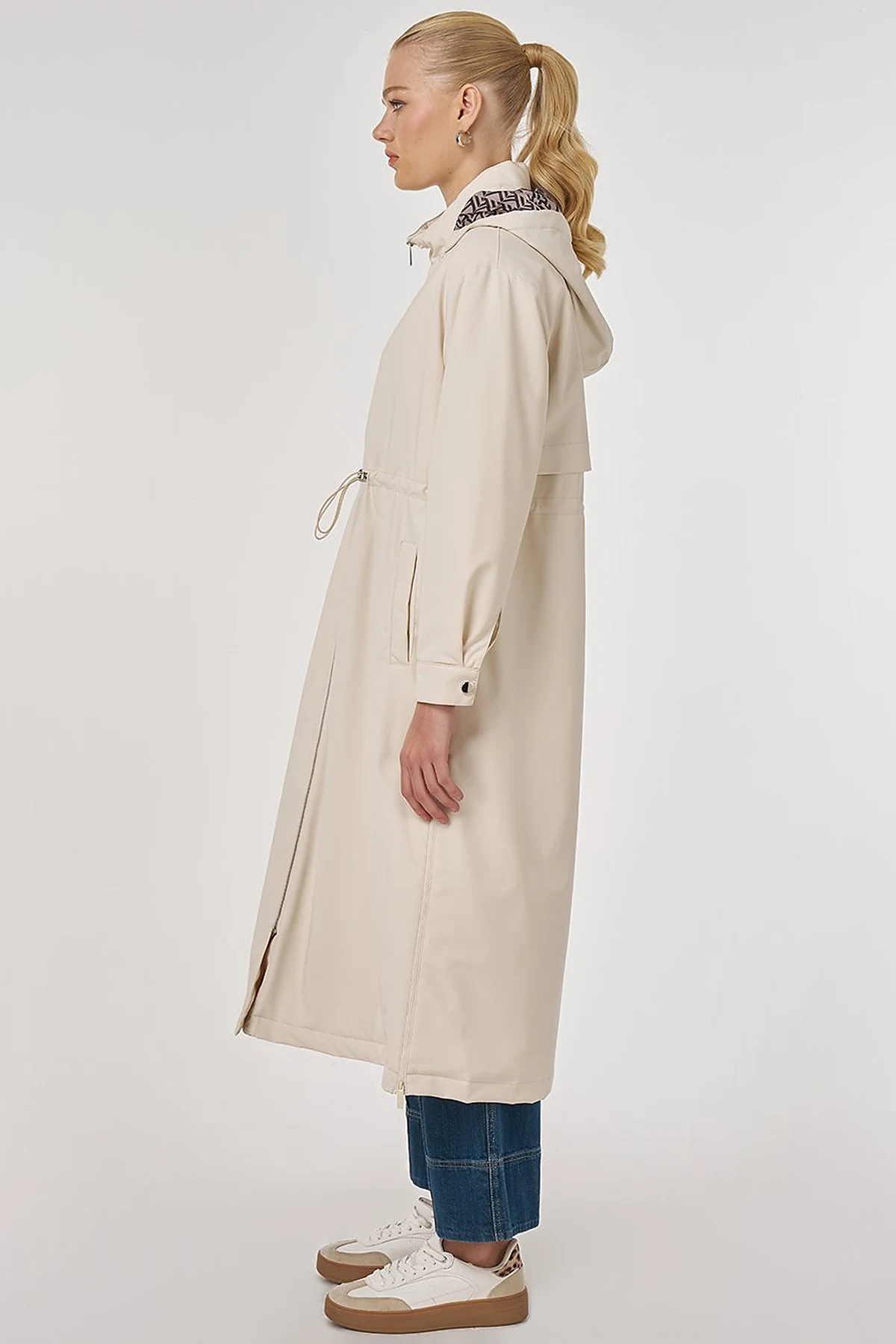 Faux Leather Anorak Coat with Zipper Detail in Cream