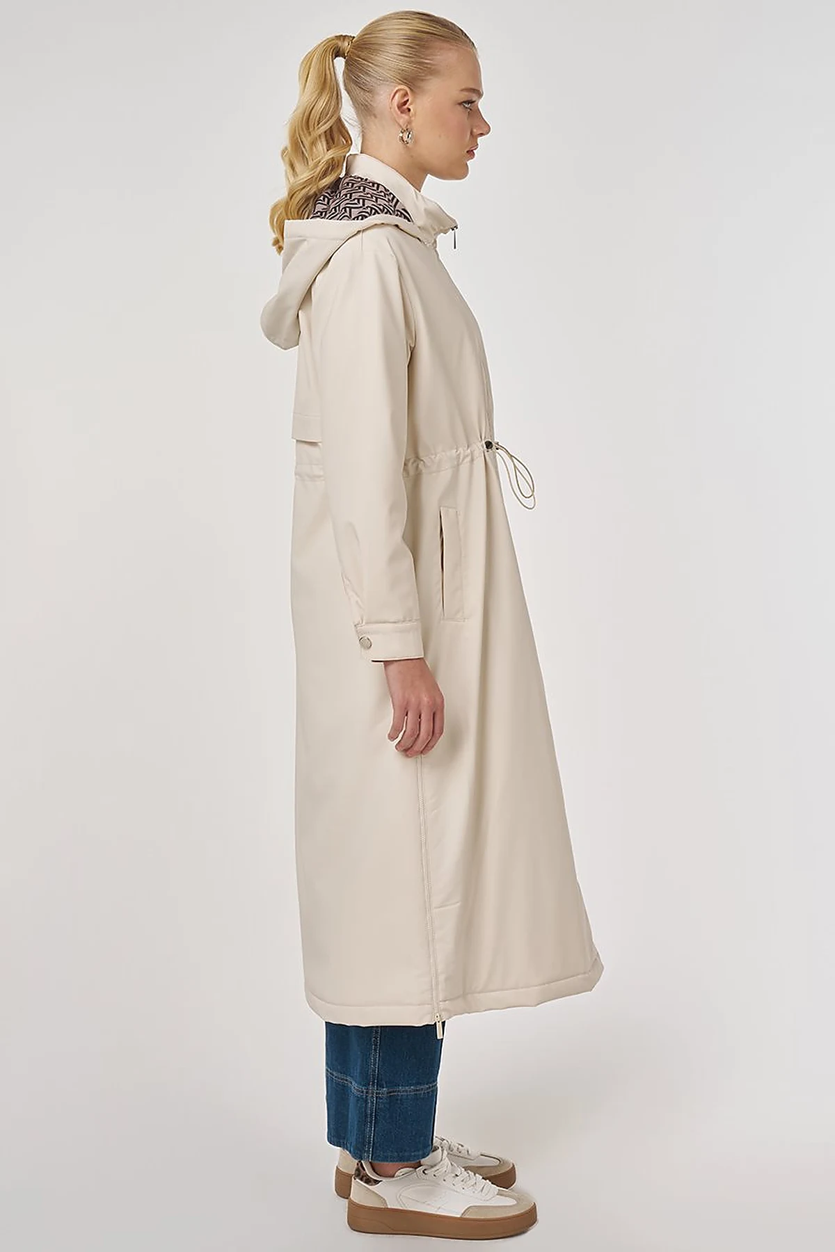 Faux Leather Anorak Coat with Zipper Detail in Cream