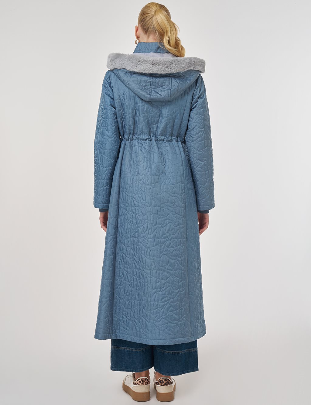 Fur-Detailed Quilted Coat in Dirty Blue
