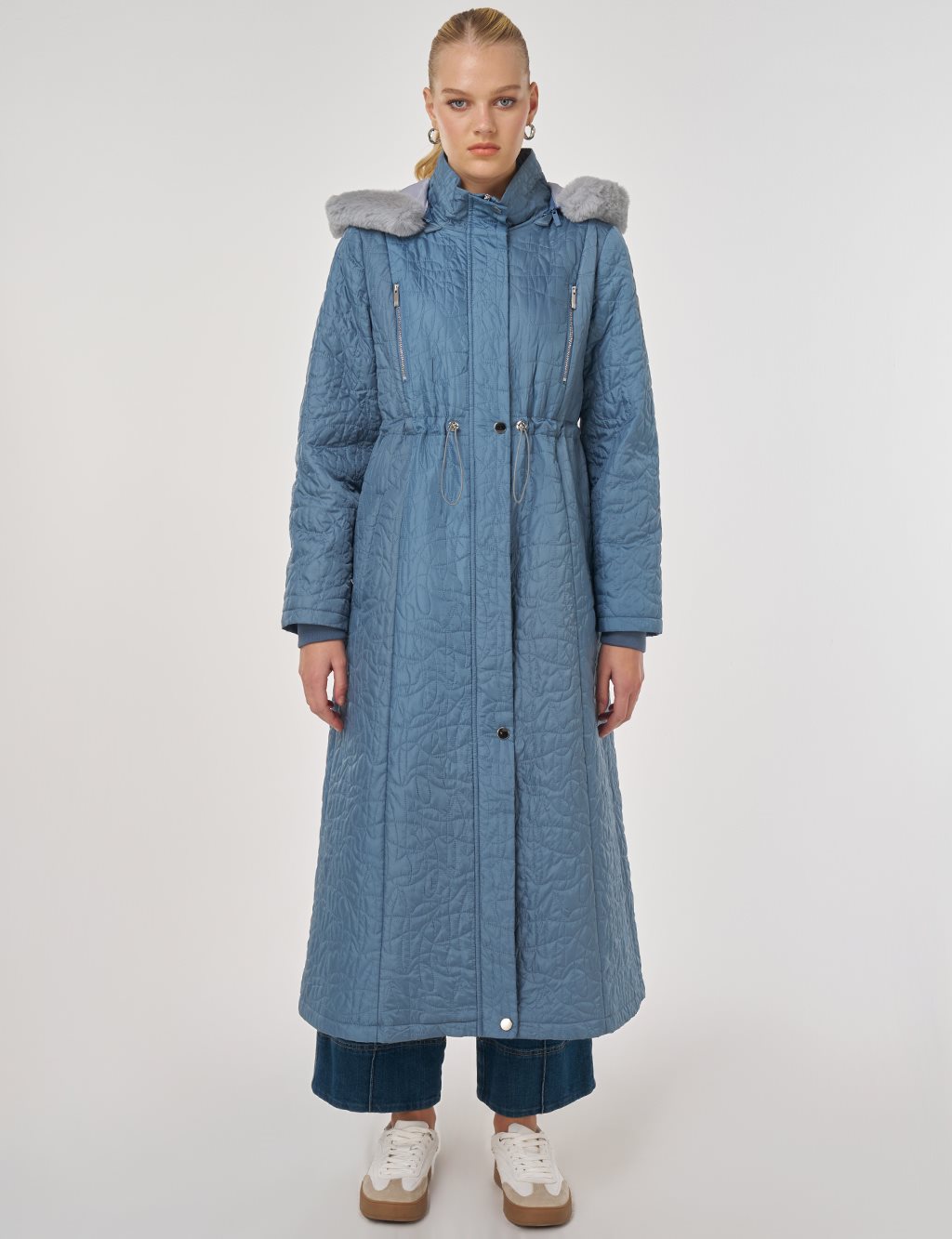 Fur-Detailed Quilted Coat in Dirty Blue
