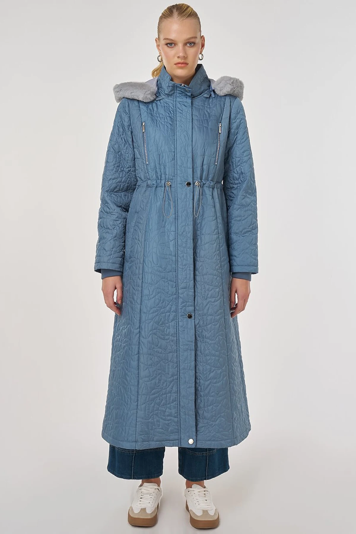 Fur-Detailed Quilted Coat in Dirty Blue