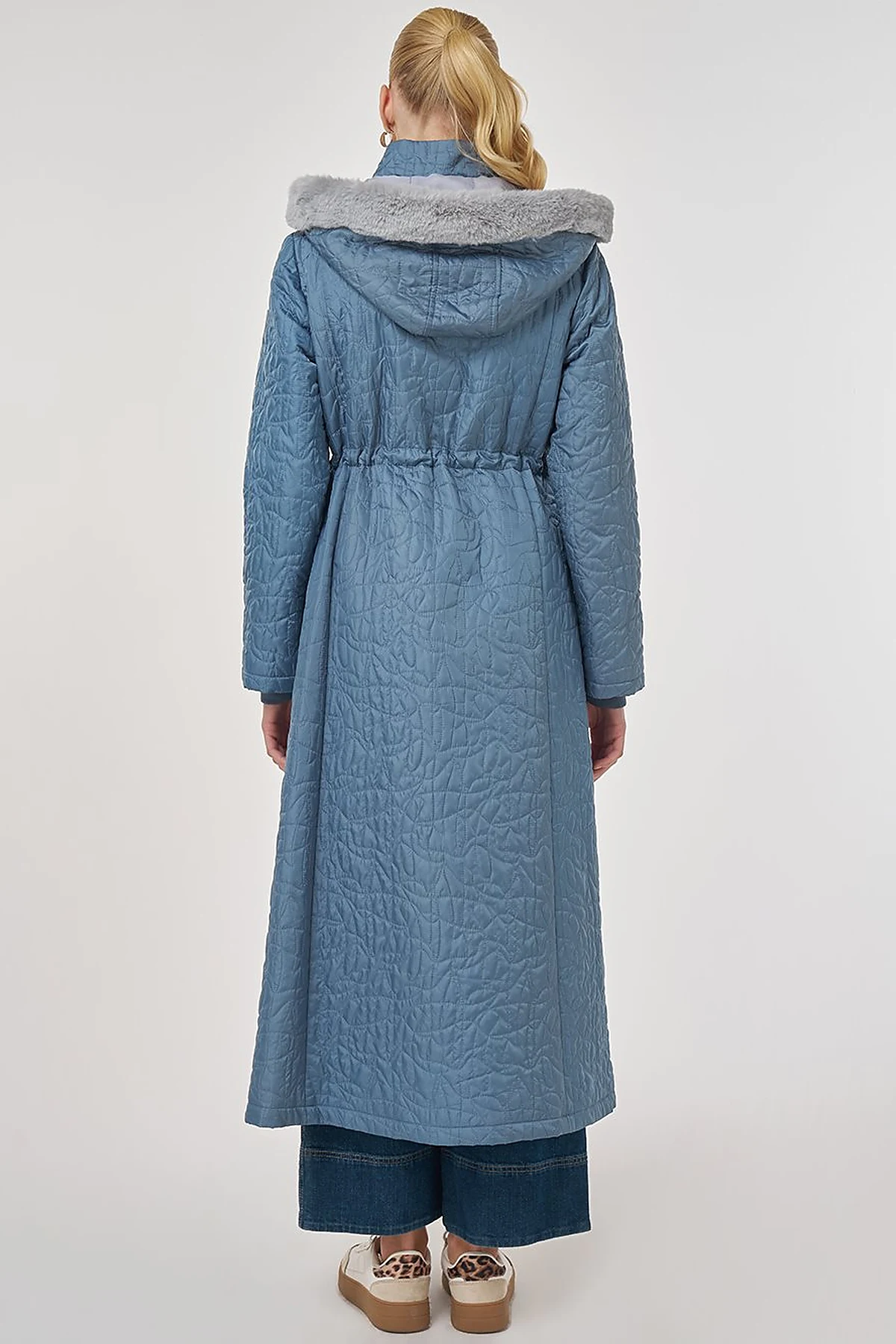 Fur-Detailed Quilted Coat in Dirty Blue