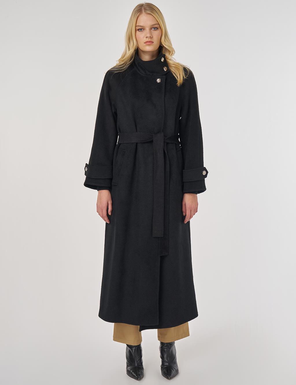 High Neck Belted Wool Coat in Black