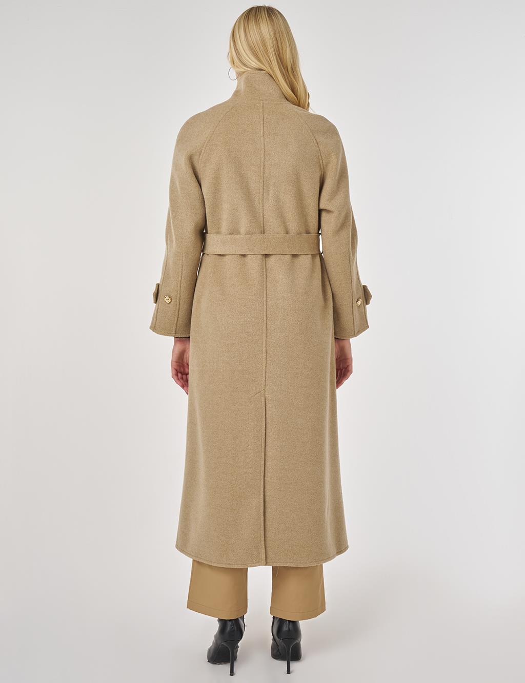 High Neck Belted Wool Coat in Dark Beige