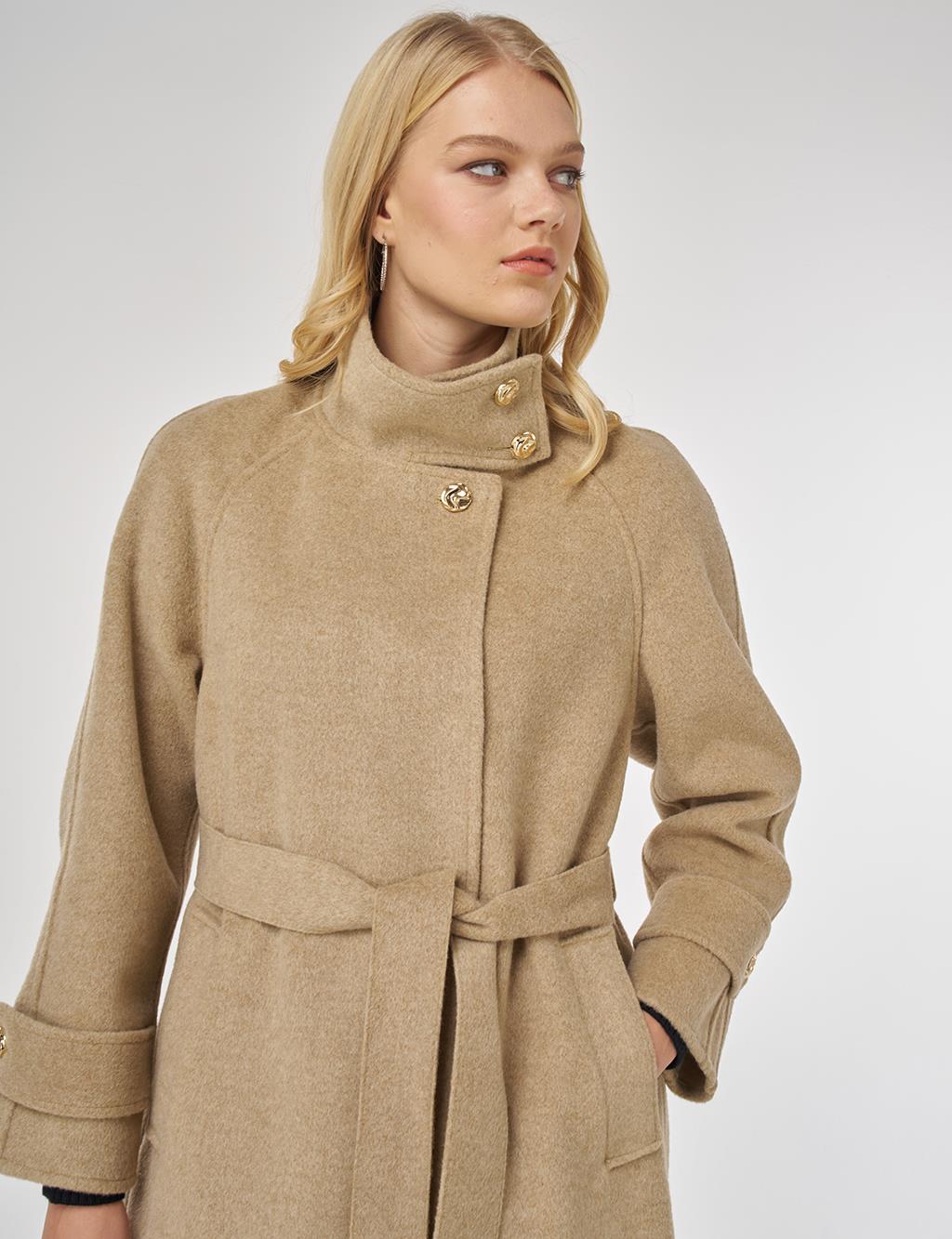 High Neck Belted Wool Coat in Dark Beige
