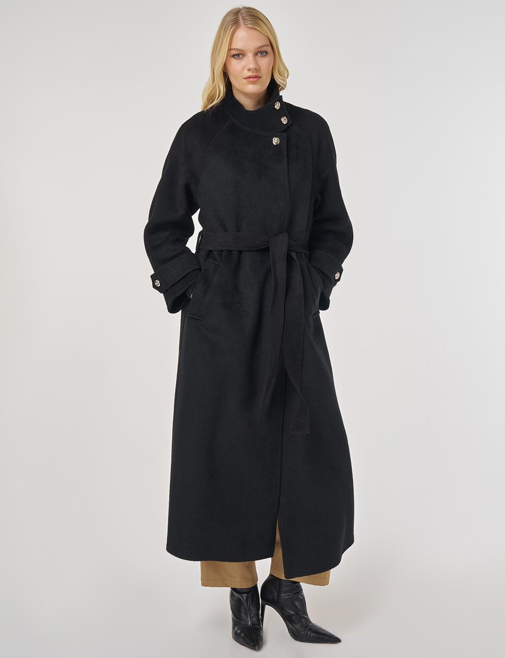 High Neck Belted Wool Coat in Black