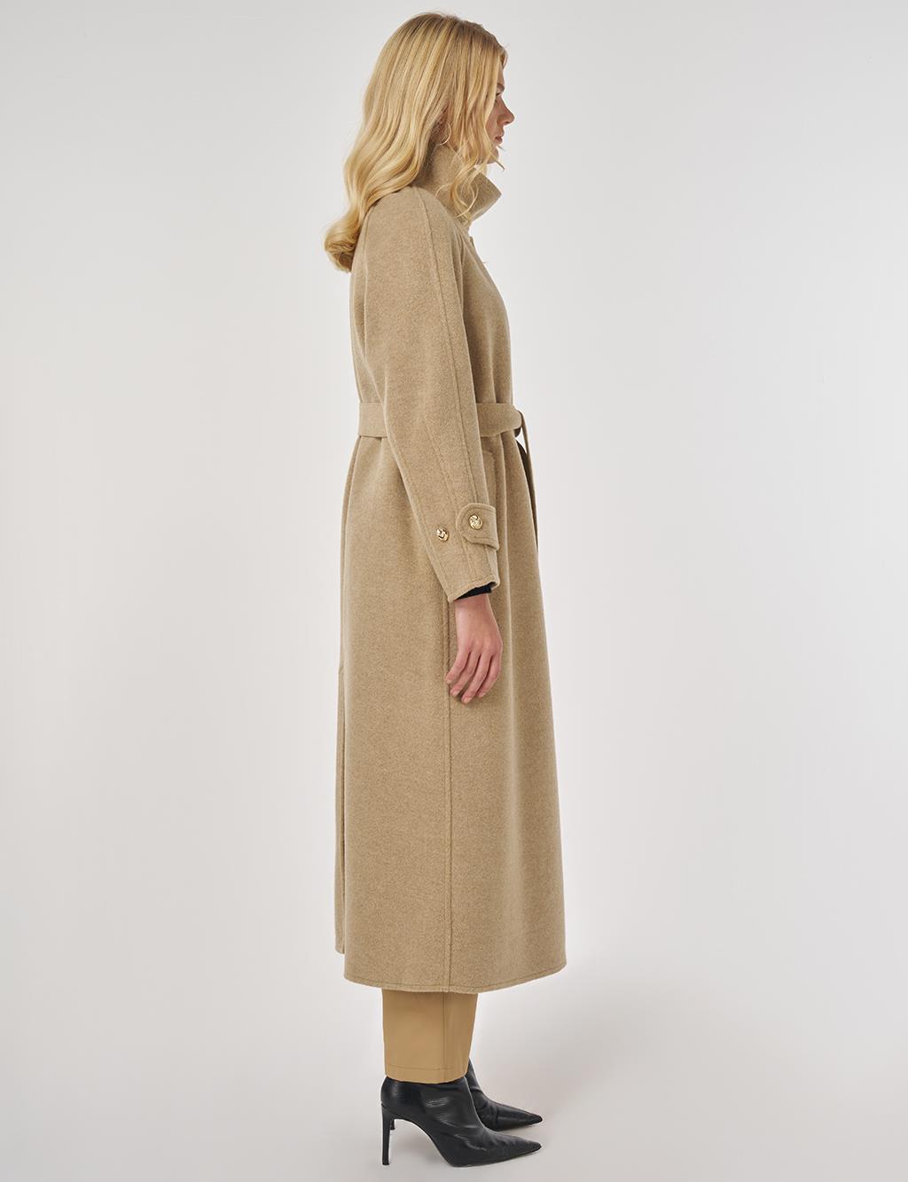 High Neck Belted Wool Coat in Dark Beige