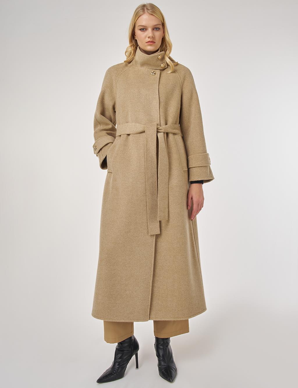 High Neck Belted Wool Coat in Dark Beige