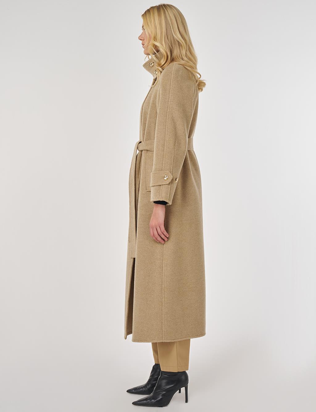 High Neck Belted Wool Coat in Dark Beige