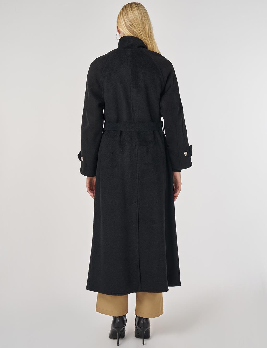 High Neck Belted Wool Coat in Black