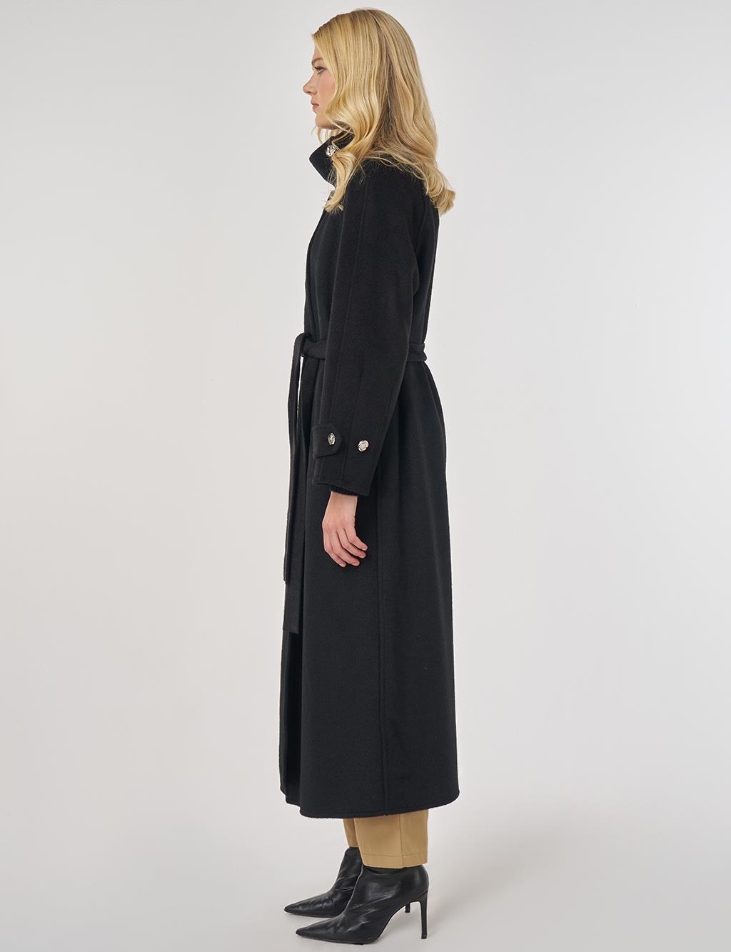 High Neck Belted Wool Coat in Black