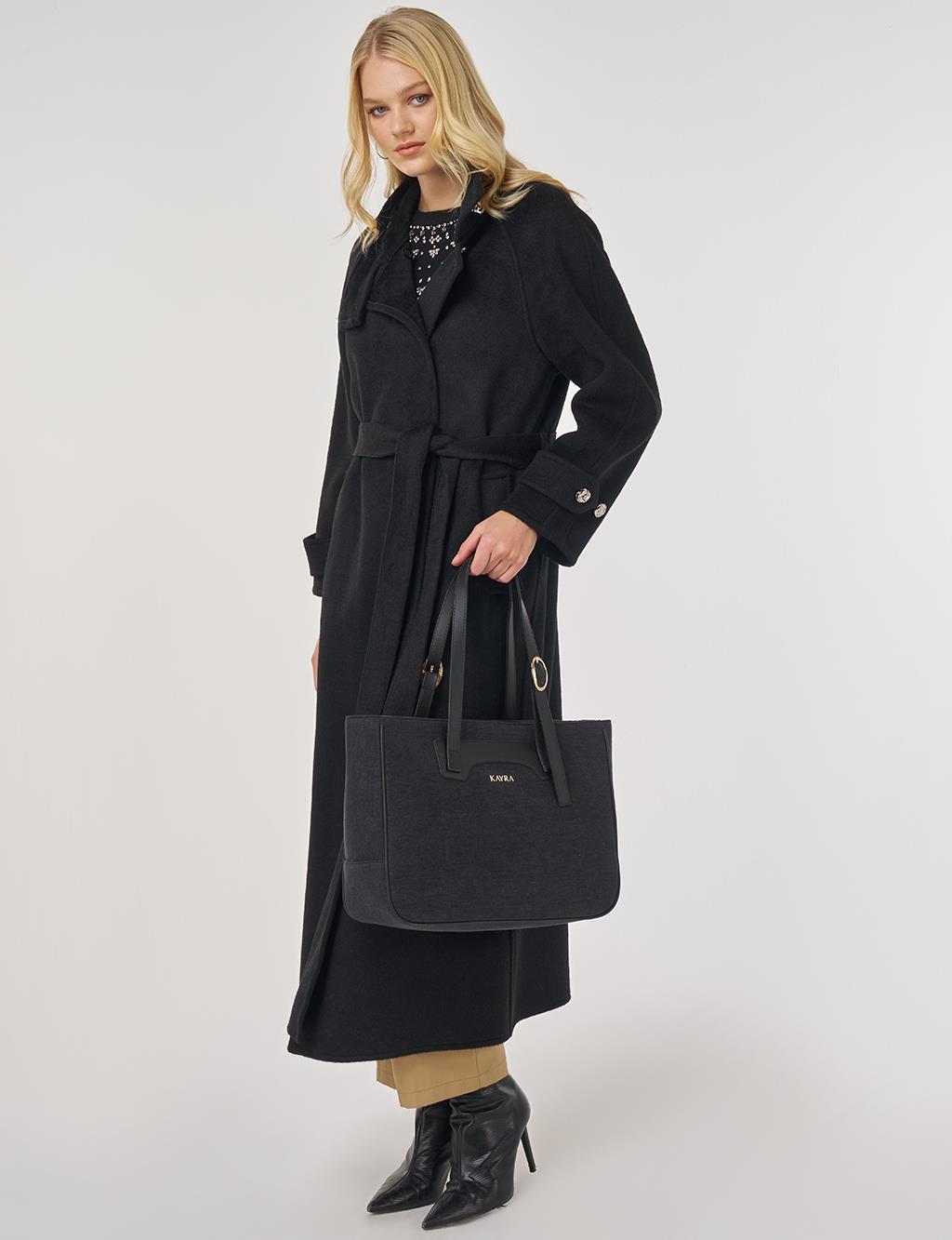 High Neck Belted Wool Coat in Black