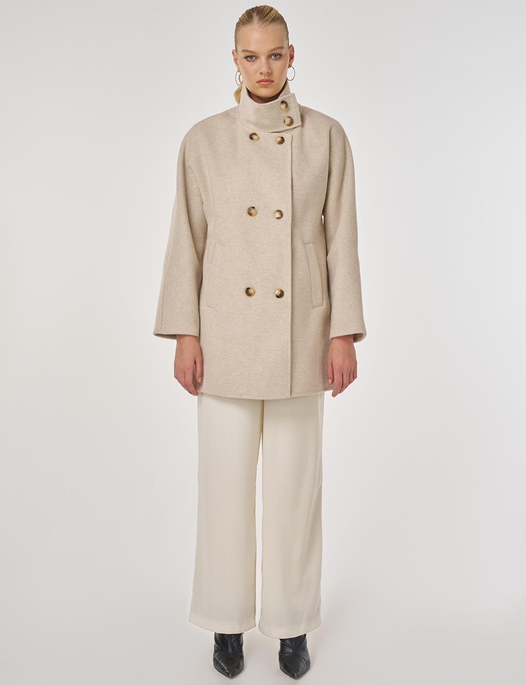 Stand Collar Short Wool Coat in Cream