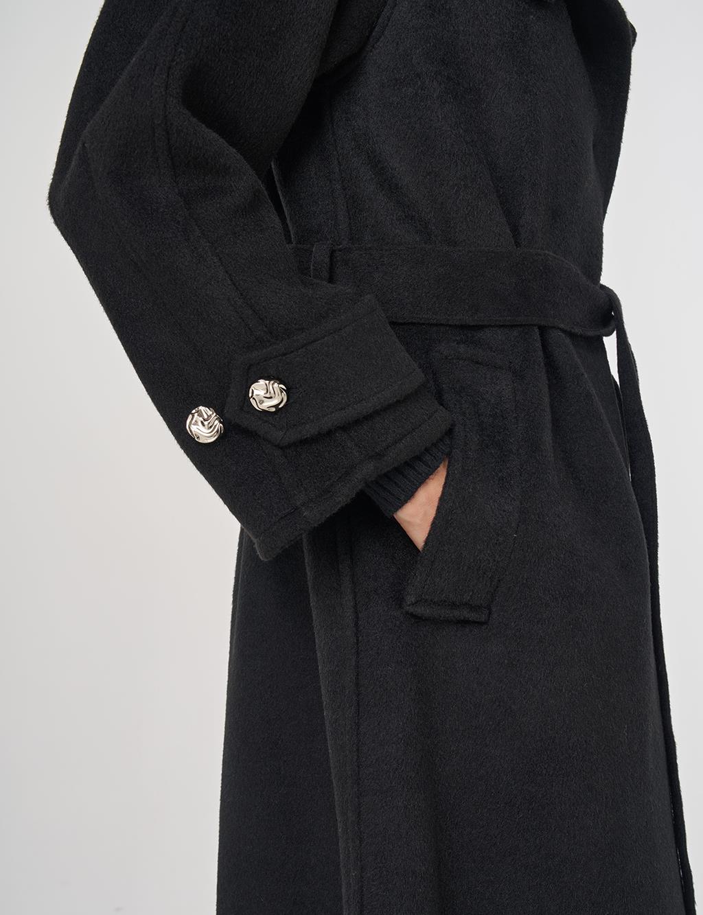 High Neck Belted Wool Coat in Black