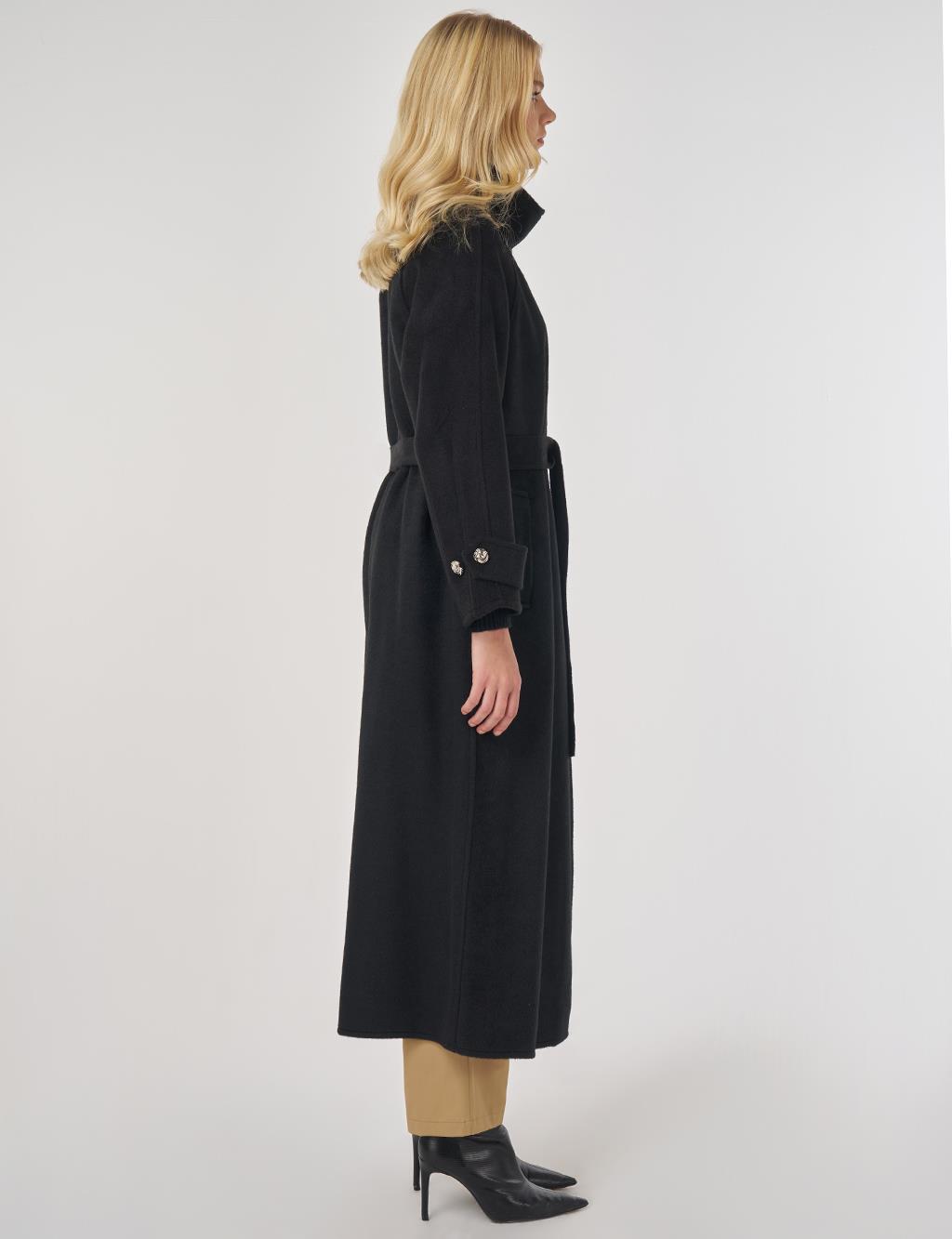 High Neck Belted Wool Coat in Black