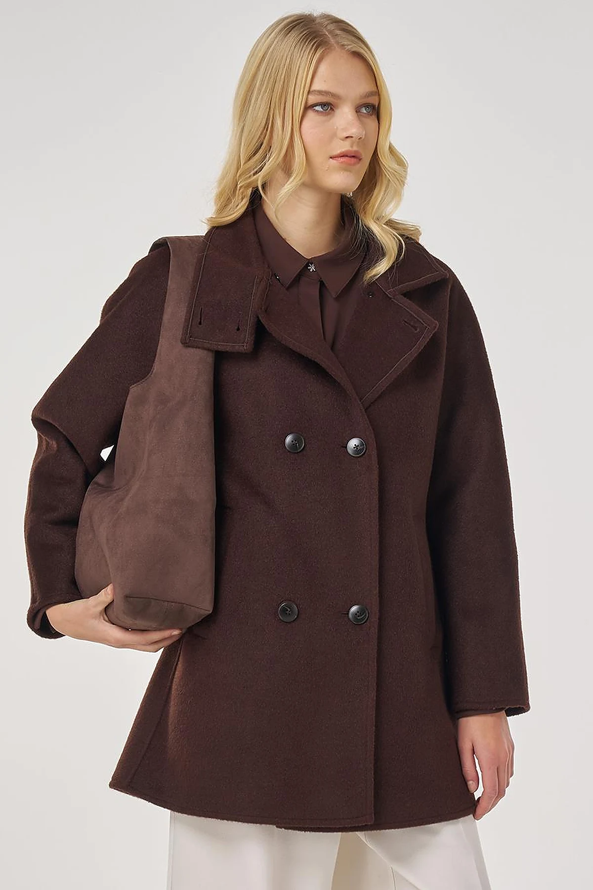 Stand Collar Short Wool Coat in Dark Burgundy