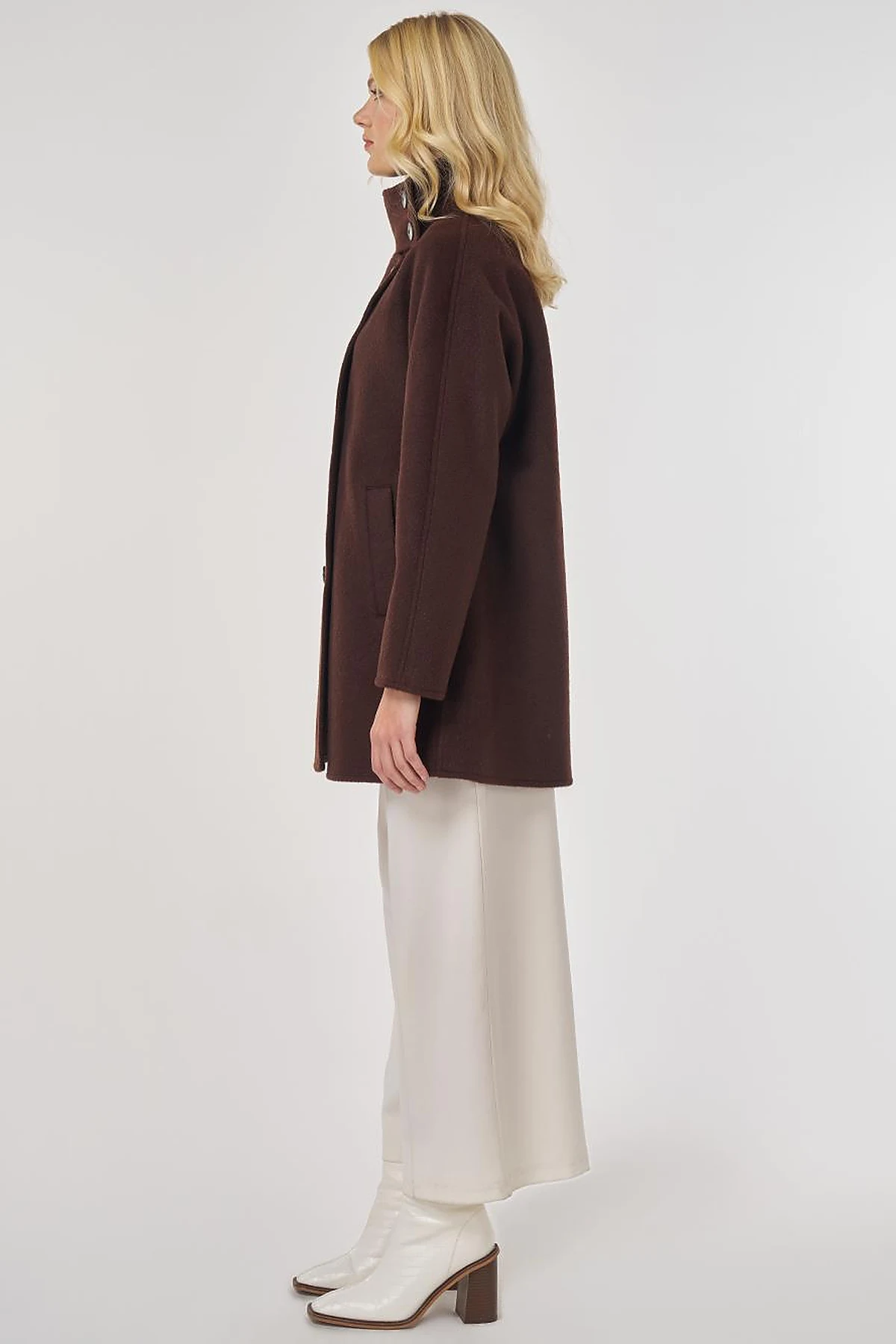Stand Collar Short Wool Coat in Dark Burgundy