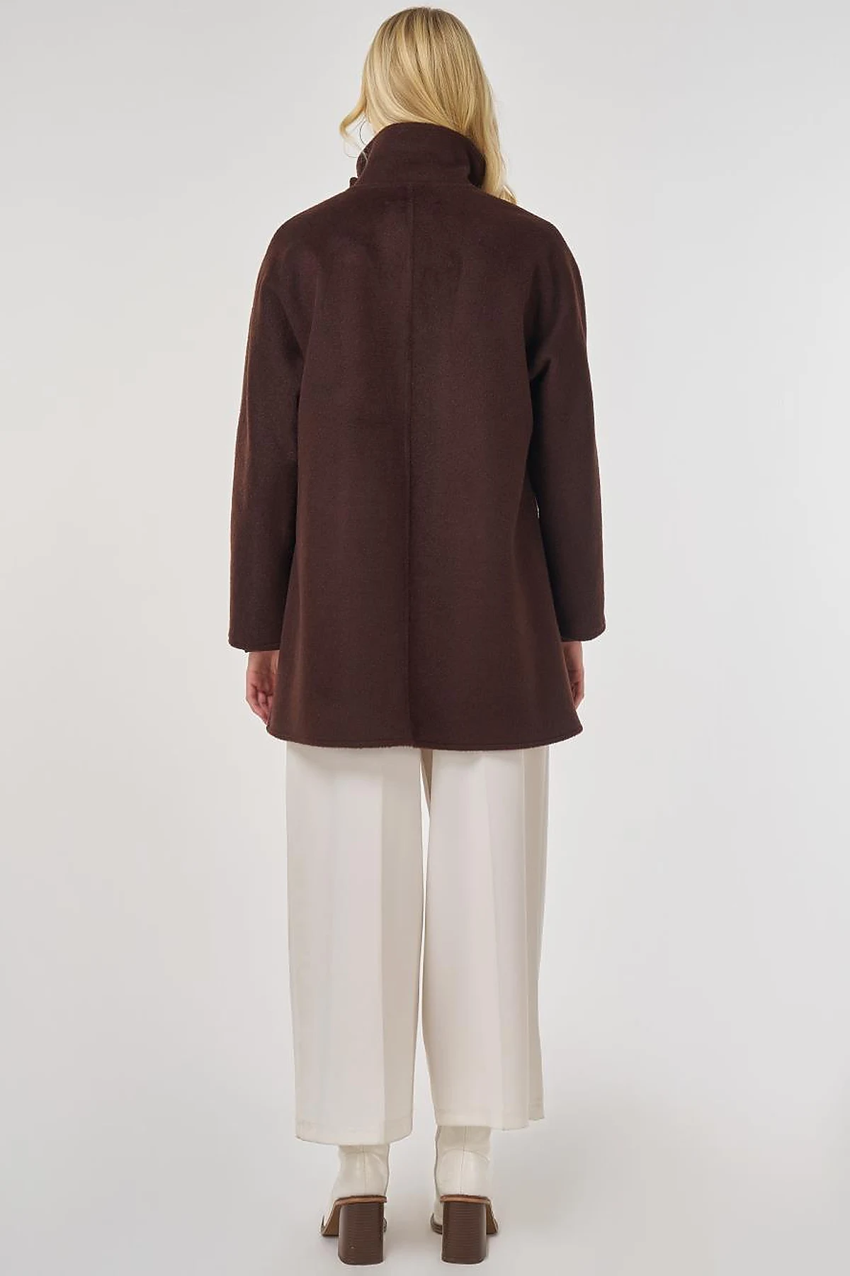Stand Collar Short Wool Coat in Dark Burgundy