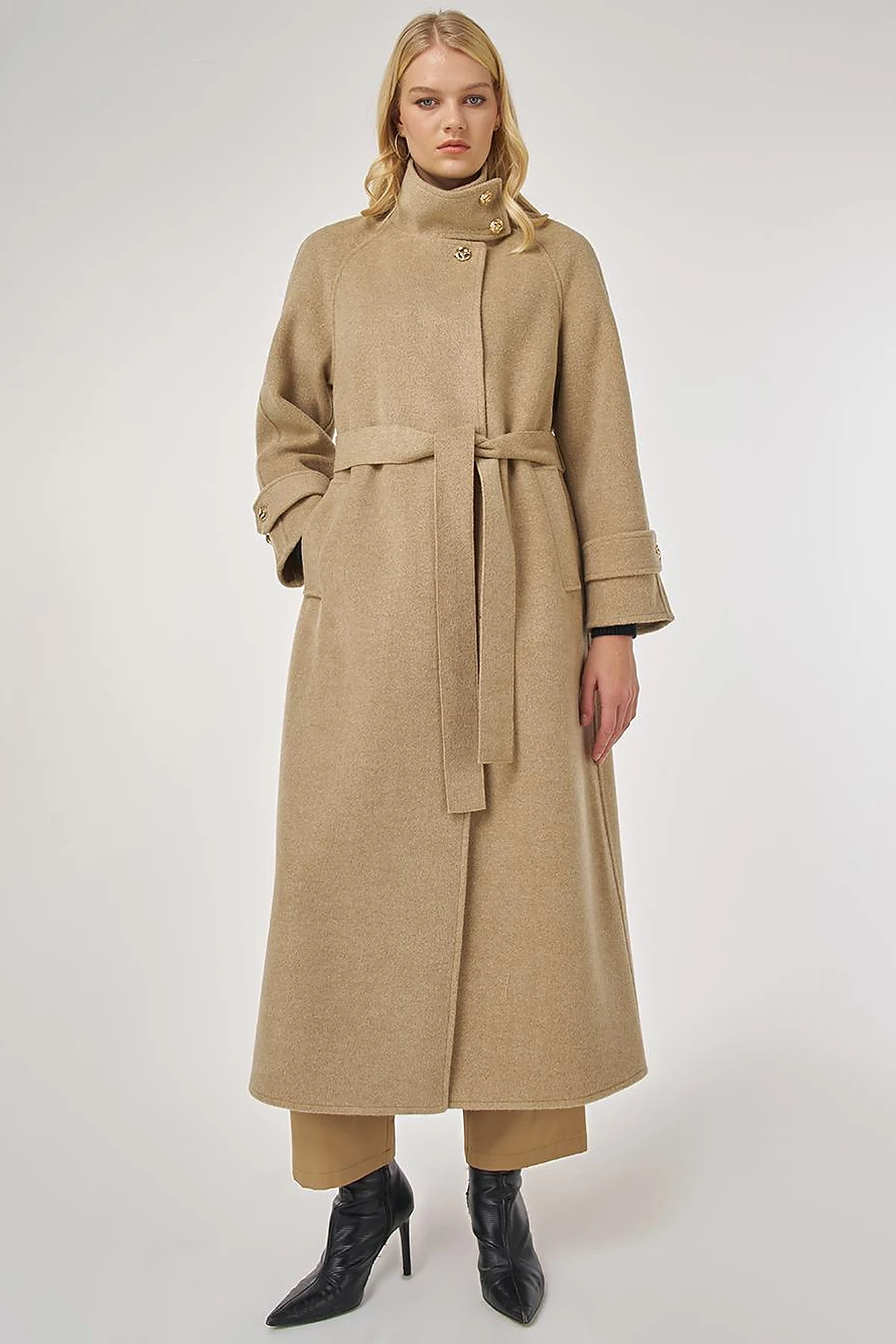High Neck Belted Wool Coat in Dark Beige