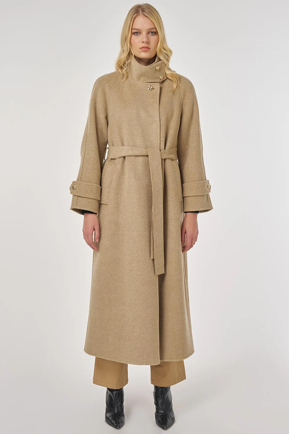 High Neck Belted Wool Coat in Dark Beige