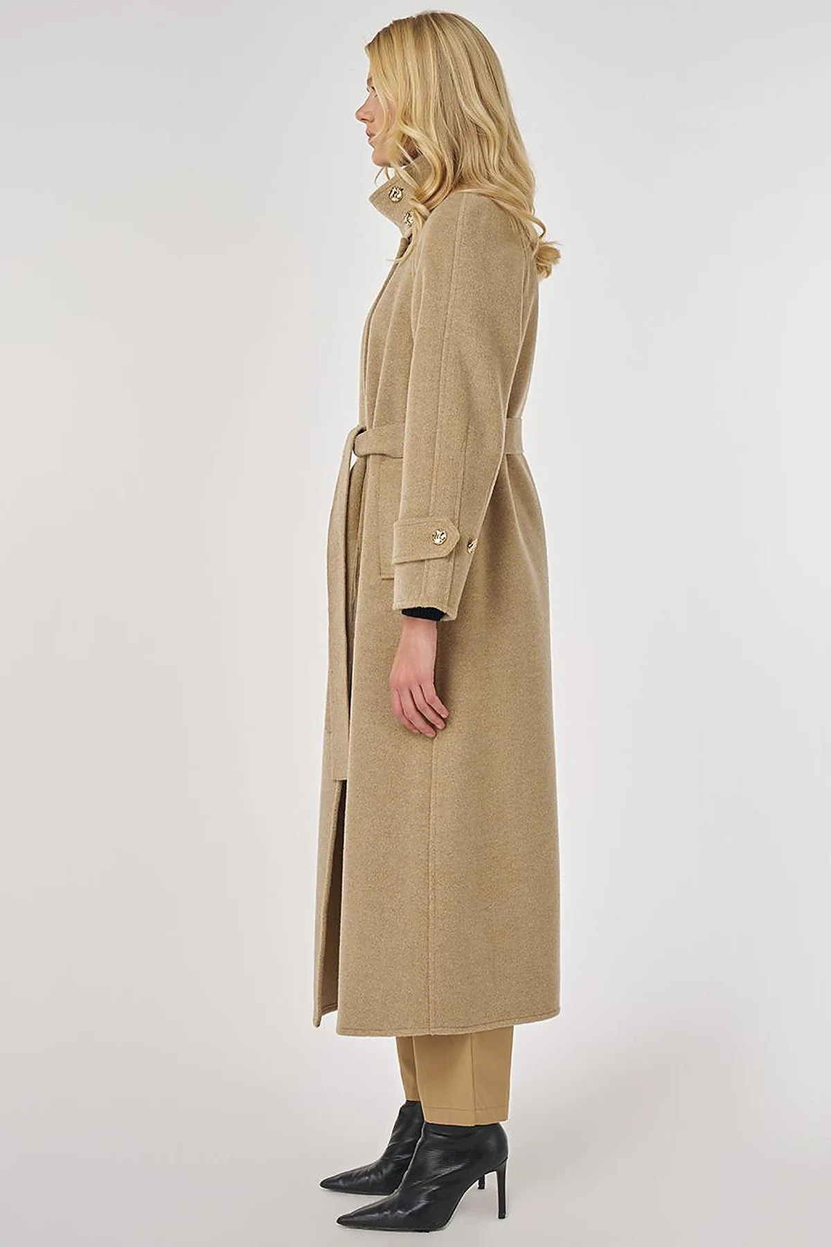 High Neck Belted Wool Coat in Dark Beige
