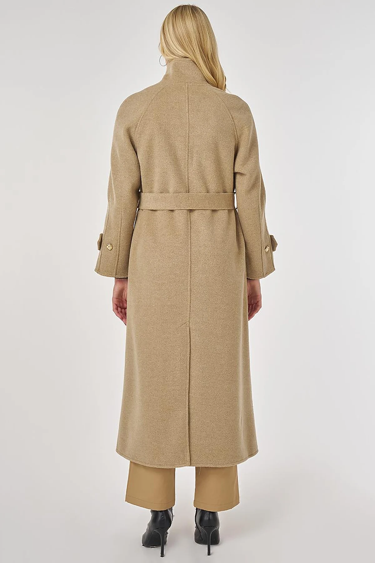 High Neck Belted Wool Coat in Dark Beige