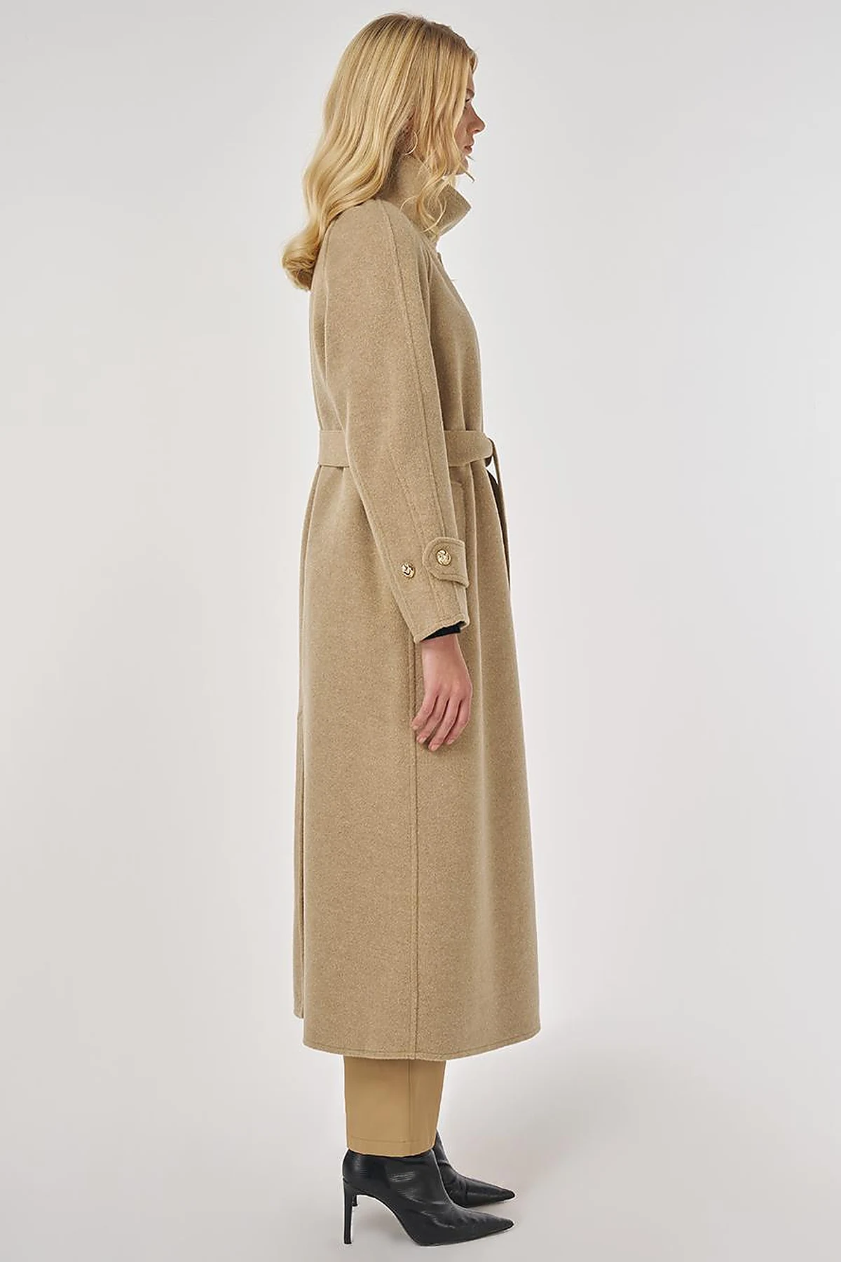 High Neck Belted Wool Coat in Dark Beige