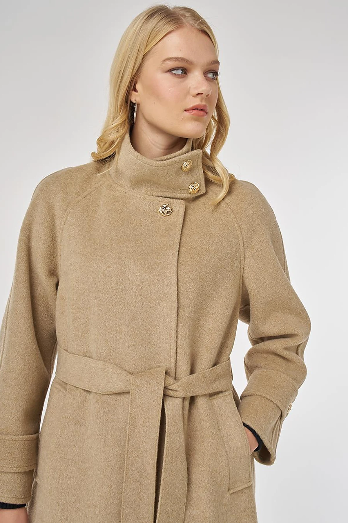 High Neck Belted Wool Coat in Dark Beige