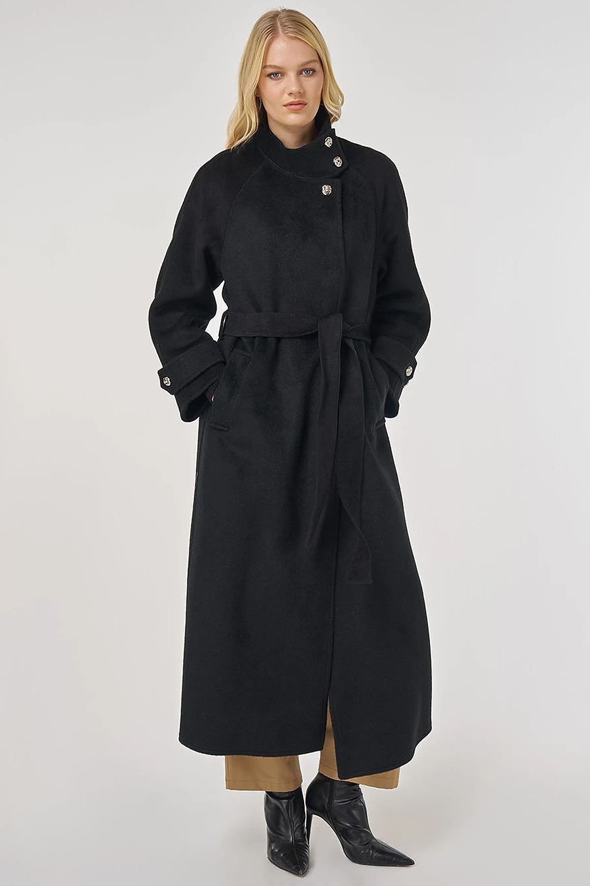 High Neck Belted Wool Coat in Black