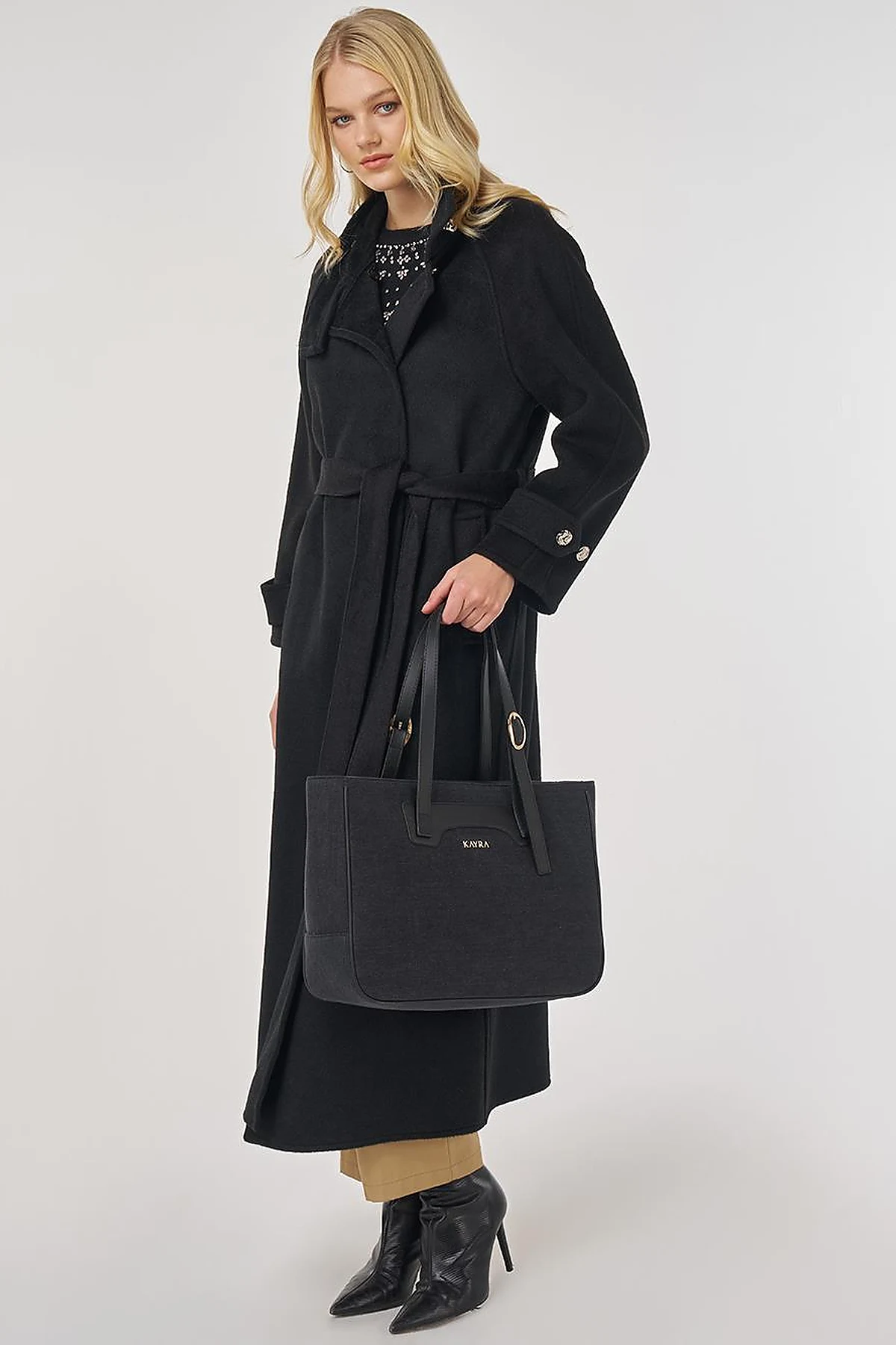 High Neck Belted Wool Coat in Black
