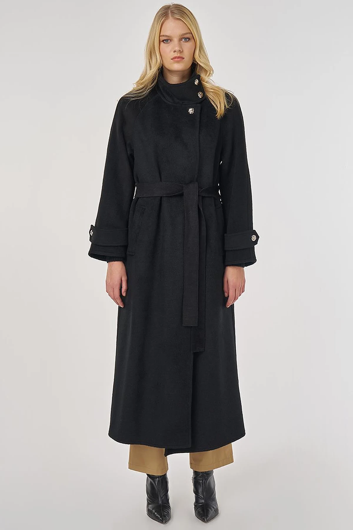 High Neck Belted Wool Coat in Black